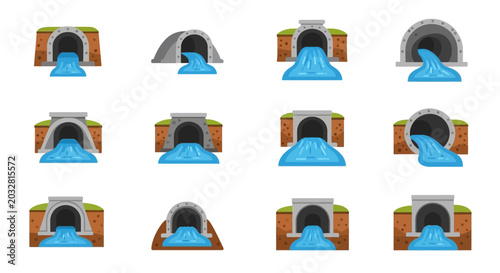 Set of Pixel Art Drainage Pipes and Culverts with Flowing Water