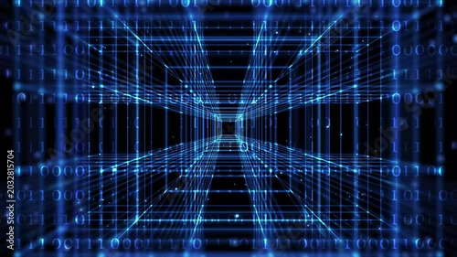 3d animation with cube tunnel and binary code for abstract futuristic technology background, blue shiny overlay concept for big data, digitization an blockchain