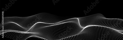 Wave of particles on dark background. Technology backdrop. Pattern for presentations. Vector illustration