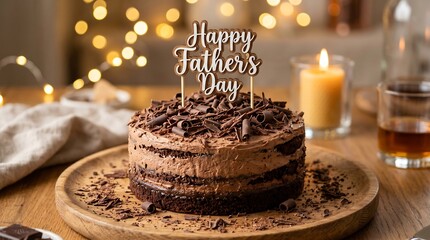 Chocolate cake with Happy Fathers Day message on wooden board with candles and fairy lights