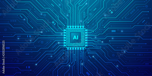 Cuadro en lienzo Central AI processor chip on motherboard with glowing blue circuit lines, representing artificial intelligence