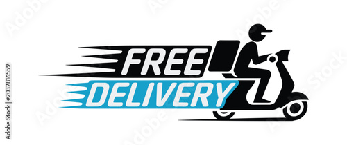 Quadro em tela Black and blue free delivery with a silhouette of a courier riding a scooter wit