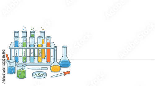 Schilderij op canvas A collection of colorful laboratory glassware and scientific research equipment