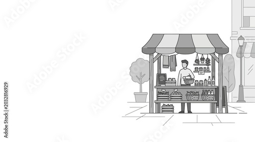 Tableau sur toile A line art illustration of a street vendor standing behind a small market stall