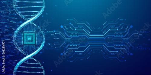 Foto Artificial intelligence chip integrated with dna helix structure for medical innovation