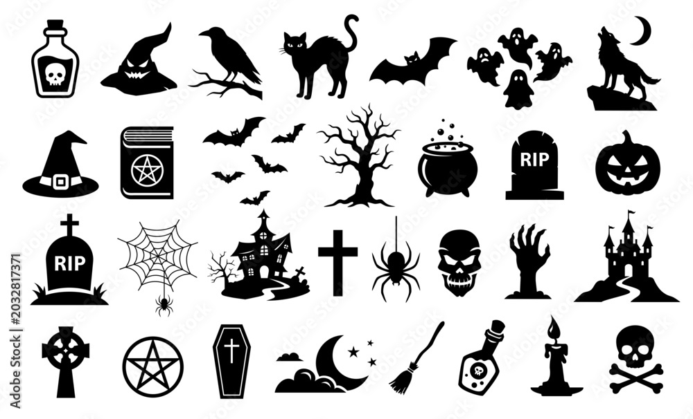 Obraz premium Halloween elements icons set. Vector black flat illustrations and silhouettes. Halloween stickers collection