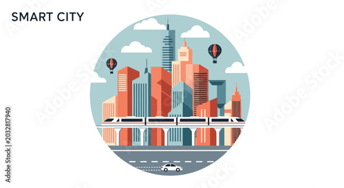 Photos Smart City Modern Urban Landscape Illustration with Monorail Train