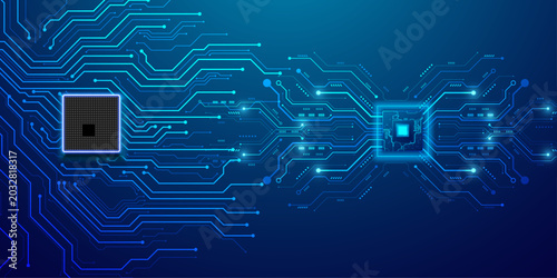 Canvastavla Futuristic electronic processor unit connected to digital circuitry on dark blue background