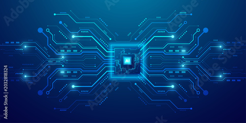 Obraz na płótnie Artificial intelligence chip design with glowing circuit pathways and data connections on a deep blue background