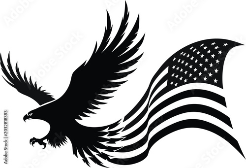 American eagle, patriotic symbol, USA flag, black silhouette, vector icon