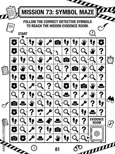 Intriguing detective symbol maze puzzle game for critical thinking challenges with black and white monochrome design, high-contrast ink illustration, and grid-based composition evoking mystery and