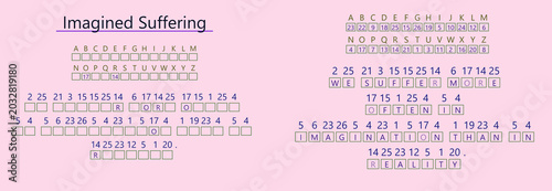 Fotografia Text collage on imagined suffering and reality with a pink background