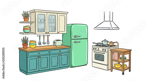 Photos Kitchen Scene With Appliances And Cookware Vector Illustration