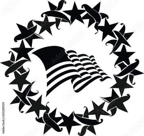 American flag, patriotic stars, black silhouette, vector icon, USA symbol