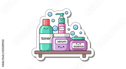 Cute cartoon skincare bottles and jars on a shelf