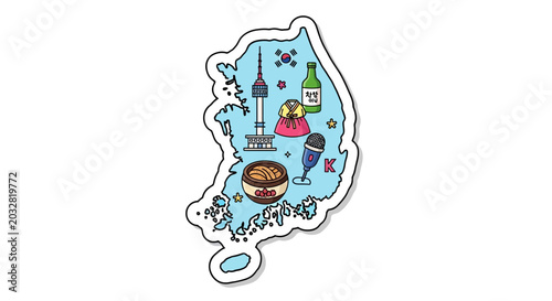 South korea map illustration with famous cultural symbols