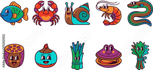 Foto Cartoon sea and forest animals and food smiling faces colorful illustrations
