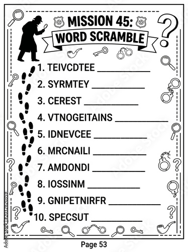 Educational word scramble worksheet for children featuring detective-themed clues and magnifying glass icons on black and white lined paper with playful mystery atmosphere