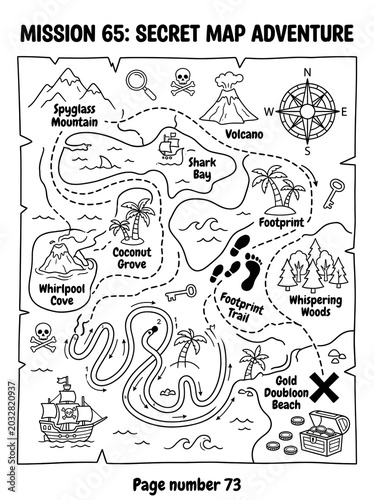 Vintage-style secret treasure map adventure illustration featuring tropical island landmarks like Spyglass Mountain, Whirpool Cove, and Gold Doubloon Beach with whimsical footprints and pirate symbols