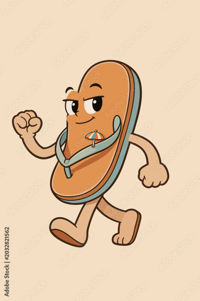 Fototapeta premium Retro Cartoon Flip-flop Mascot Walking Happily