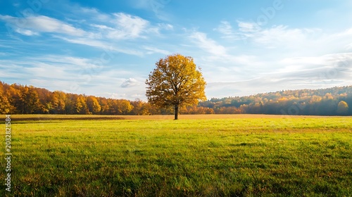 Autumn tree with brown leaves on meadow high resolution picture