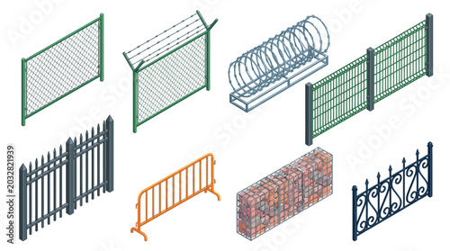 Bild auf Leinwand Assorted Fences And Barriers Isometric Vector Illustration