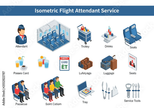 Isometric flight attendant service illustrations, including cabin crew, aircraft interiors, and passenger amenities