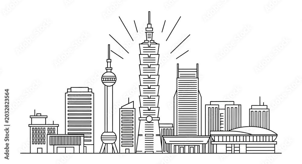 Naklejka premium Taipei City skyline linear illustration with iconic landmark buildings.