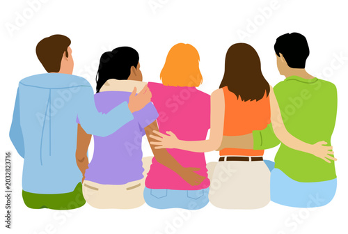 Hugging backs. Group people hugs friends back view, embrace students team, friendship unity school together, family relationship teamwork. Diverse friends of a group of people hugging together