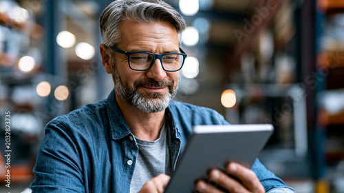 Warehouse operations manager confidently holding a digital tablet while conducting a stock review in a large modern distribution facility, professional and purposeful expression, defocused