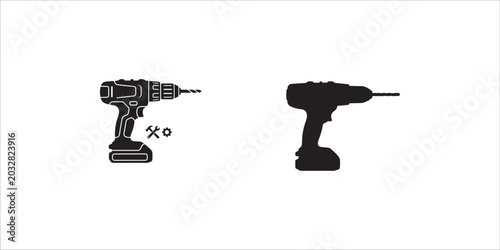 Drill and silhouette of a drill with screwdriver and wrench icons