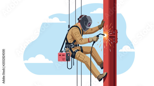 Cuadro en lienzo Professional industrial welder performing high altitude repairs on a vertical metal structure