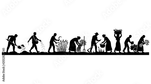 Fotografie Silhouettes of farmers working in a field during various stages of agricultural production