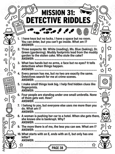 Engaging educational worksheet featuring detective riddles and brain teasers for children solving puzzles with magnifying glass and clues, black and white line art style with playful icons