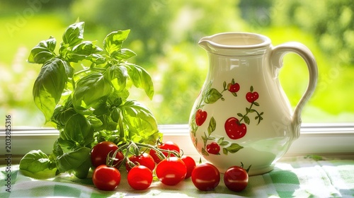 cruet. A ceramic cruet on a sunny windowsill with basil and tomatoes, warm natural light. menu design, packaging mockups, designed for culinary blogs and recipe cards for restaurants.