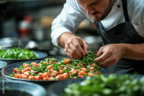 Chef chopping vegetables in busy kitchen.