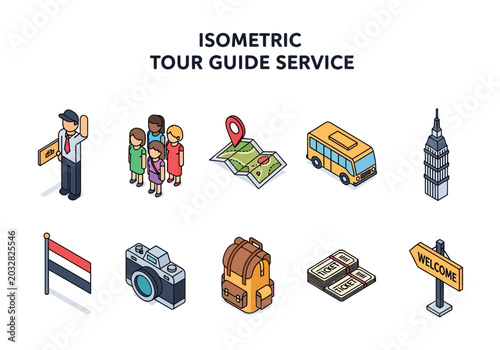 Isometric illustrations of tour guide services, depicting travel icons and elements