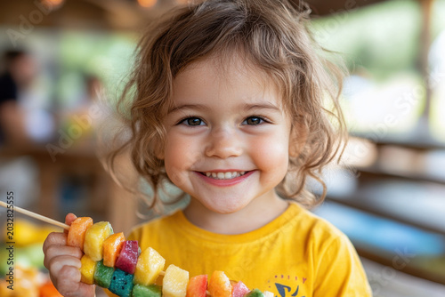 Little girl holding a bunch of fruit.