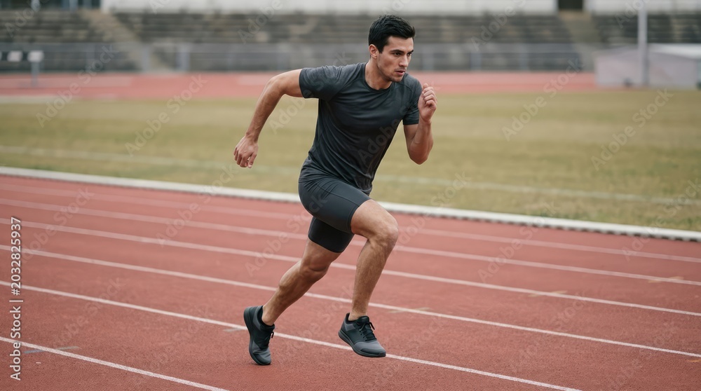 Obraz premium Focused Athletic Man Sprinting on Outdoor Running Track in Stadium