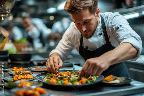 Chef preparing food in a kitchen.