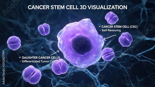 3D Visualization of Cancer Stem Cell (CSC), Labeled Medical Illustration Showing Self‑Renewing Cancer Stem Cell and Differentiated Daughter Cancer Tumor Cells, Oncology and Cancer Biology Graphic