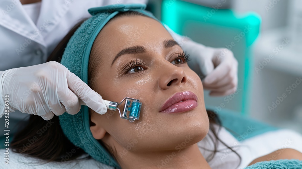 Naklejka premium Esthetician rolling a microneedling device across a client's cheek in a salon.