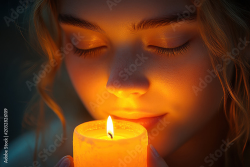 A young girl holding a lit candle in her hand.