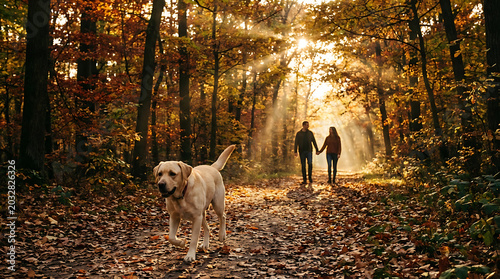 Golden Labrador Retriever strolling along seasonal woodland trail at sunset with blurred couple walking behind in autumn park landscape covered with dry colorful foliage and warm evening light.