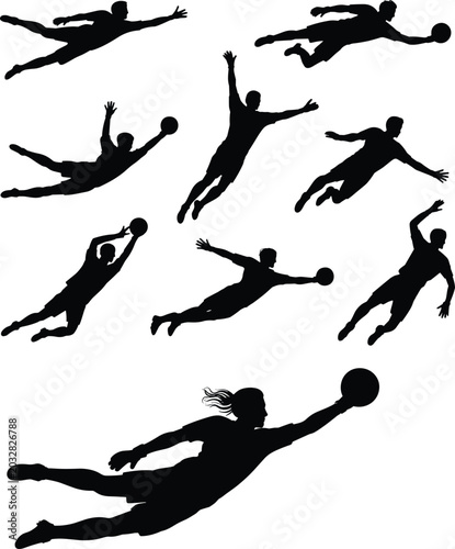 Bild auf Leinwand Handball Goalkeeper Silhouette Collection with Diving Saves and Ball Catching Ac