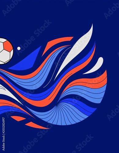 Abstract soccer ball design with flowing blue and red wave shapes