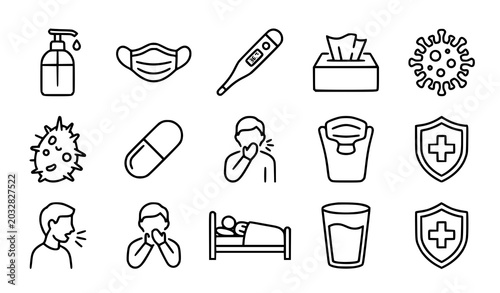 Foto Medical Protection Healthcare and Disease Prevention Line Icons Collection Illus