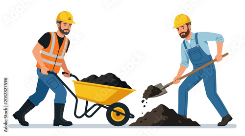 Photos Two construction workers performing manual labor with a wheelbarrow and shovel