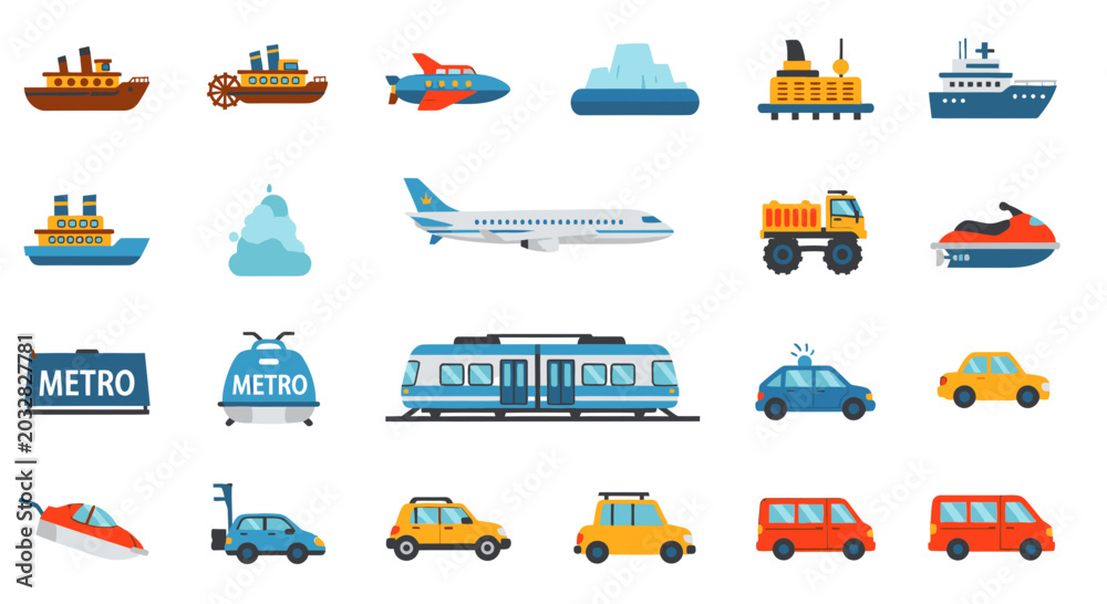 Naklejka premium Set of Various Transportation Vehicles Flat Vector Icons for Design and Infographic Elements