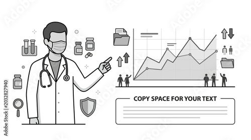Принти на полотні A line art illustration of a doctor wearing a mask and stethoscope pointing at a medical data chart